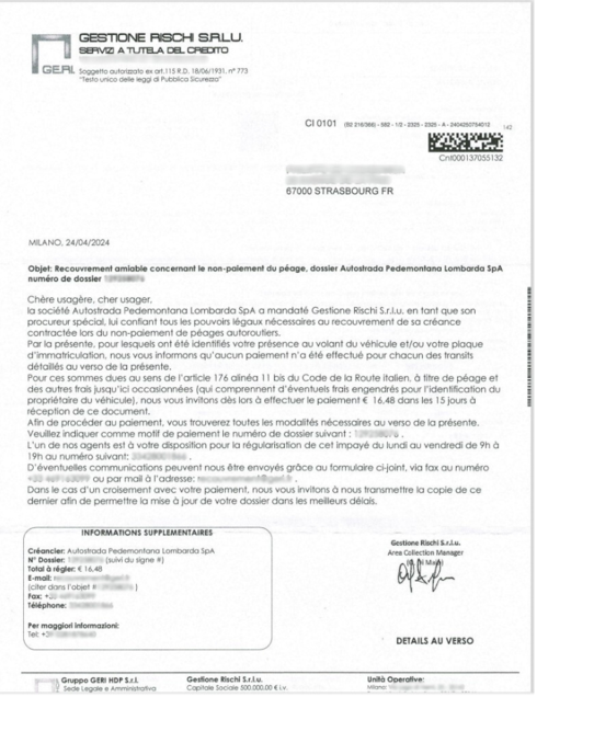 Lettre recto de recrouvement pour péages impayés