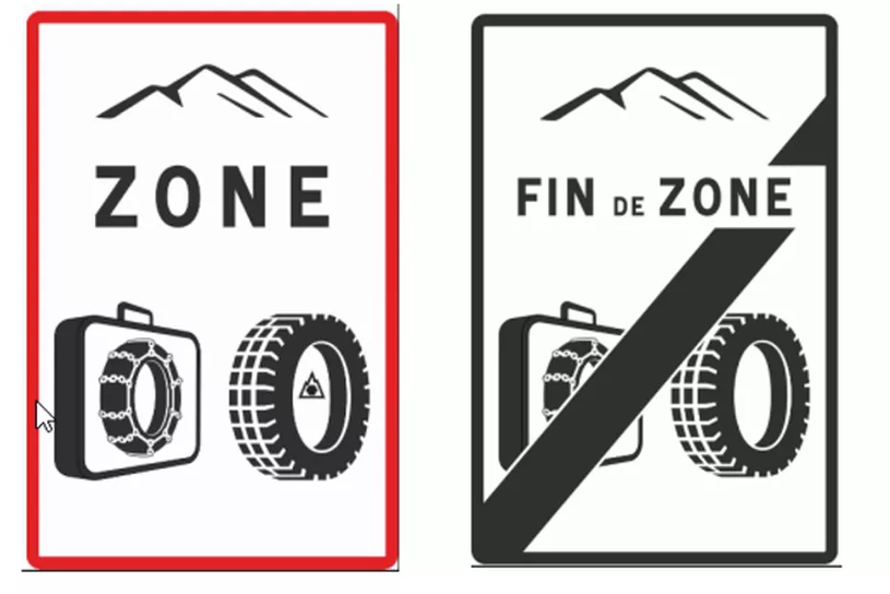 Panneaux français indiquant une zone pneus hiver