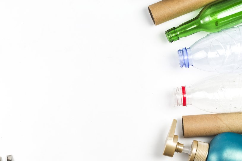 Plastic, cardboard and glass packaging and bottles.