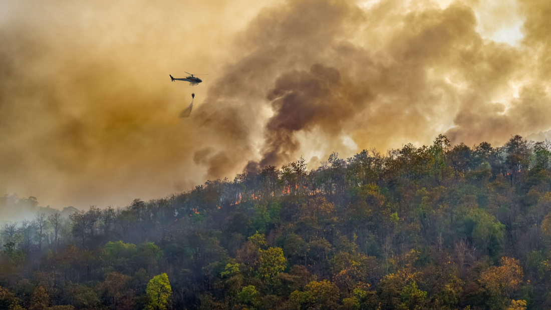 Un hélicoptère survole une forêt en feu