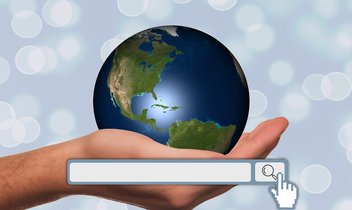 A search bar with planet Earth in the background