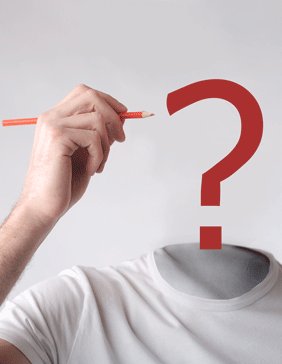 [Translate to English:] Une personne avec un point d'interrogation à la place de la tête, tient un crayon en main